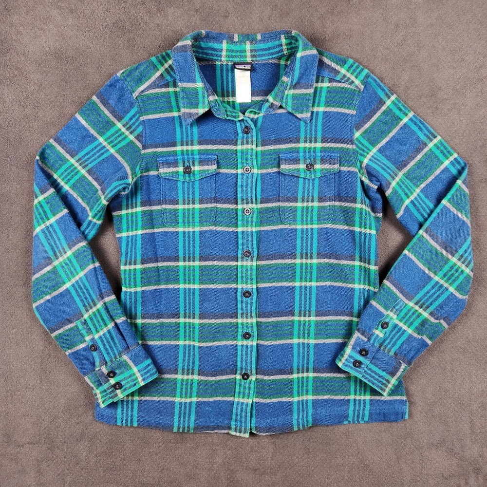 Patagonia Fjord Flannel Shirt Womens Large Blue Green Plaid Organic Cotton 53915